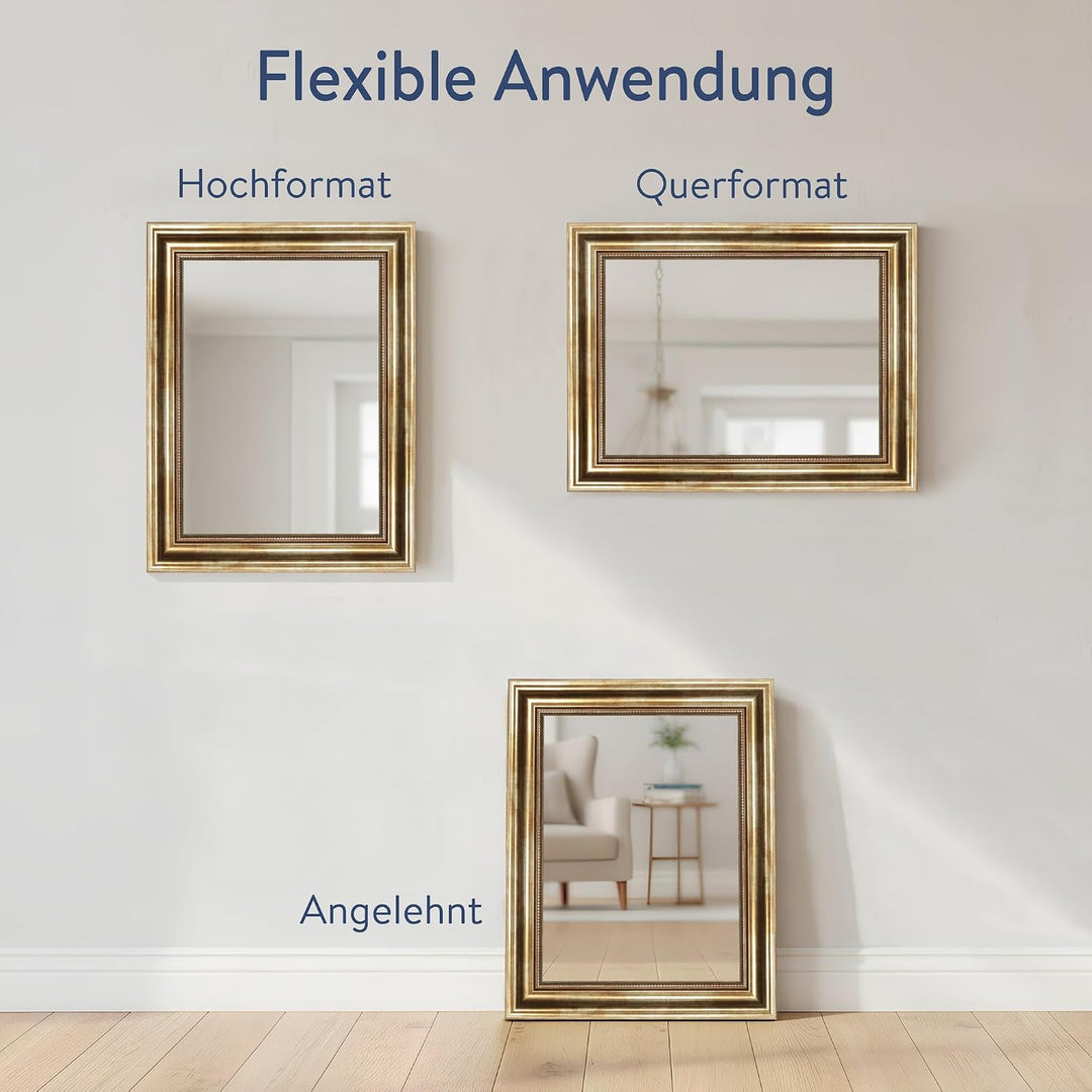 WANDStyle Spiegel Barock und Antik I Aussenmass: 30x40cm I Farbe: Gold I Goldener Wandspiegel aus Ho