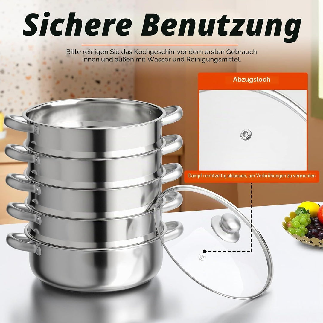 5-lagiger Mantowarka Induktion Dampfgarer Dampfkocher Edelstahl Schongarer 30cm Stapelbare Edelstahl