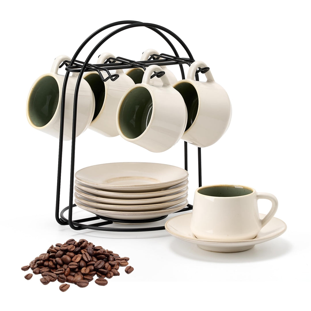 PORCER 6 x 130 ml (4,4 oz) Keramik-Kaffeetassen &amp; Untertassen mit schwarzem Metallständer, stapelbar