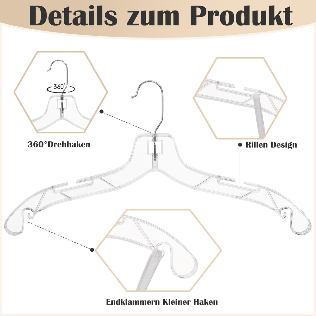 Kleiderbügel aus Kunststoff 42,5 cm, 12 Stück Klar, Hemden- und Blusenbügel Mit 360° Drehbaren Haken