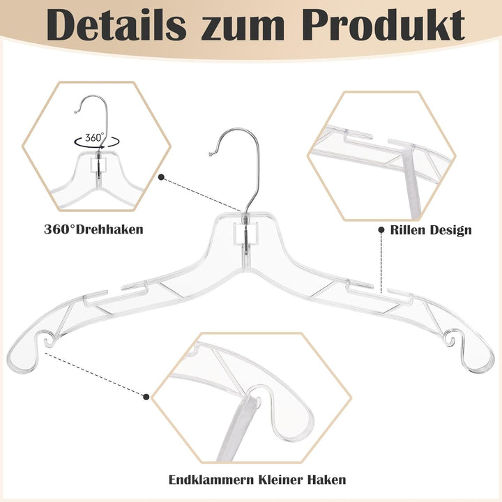 Kleiderbügel aus Kunststoff 42,5 cm, 12 Stück Klar, Hemden- und Blusenbügel Mit 360° Drehbaren Haken