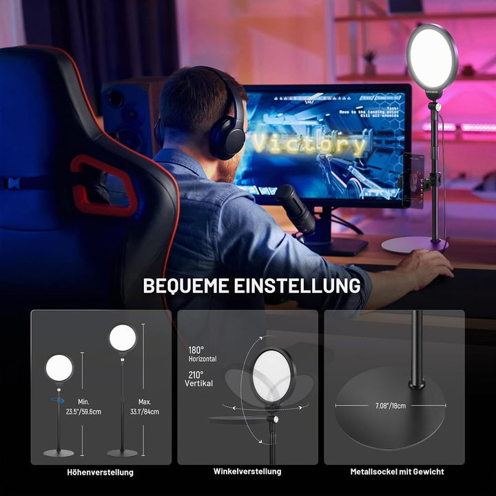 NEEWER Basic 7" Selfie Licht Set, Tisch Handy Ringleuchte, 10W 3000K-6500K Dimmbares Vollbild Ring L
