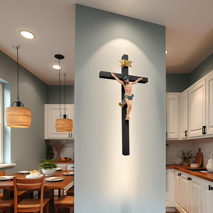 Kaltner Präsente Geschenkidee - 53 cm Wandkreuz Kreuz Kruzifix aus Buche schwarz mit Jesus Christus