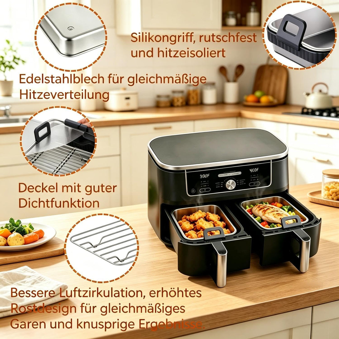 2er Set Edelstahl Backform für Heissluftfritteuse mit Grillrost und Frischhaltedeckel – Airfryer Zub