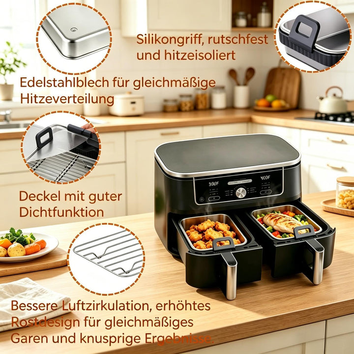 2er Set Edelstahl Backform für Heissluftfritteuse mit Grillrost und Frischhaltedeckel – Airfryer Zub