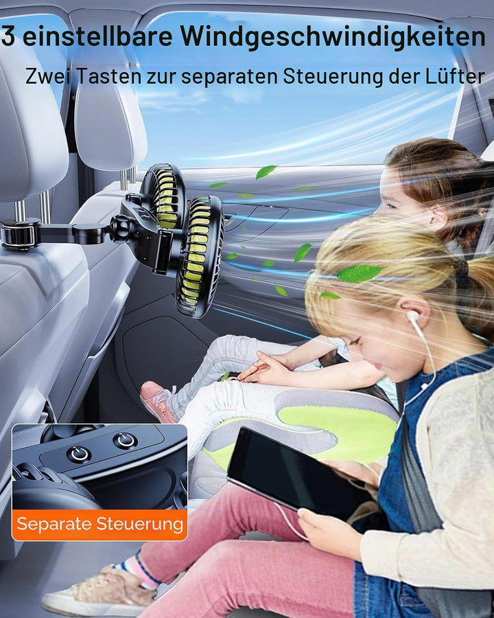 Akku Ventilator für Auto Rücksitz mit Einziehbarem Langem Arm, [Geschenk-Kfz Ladegerät & USB-C Kabel
