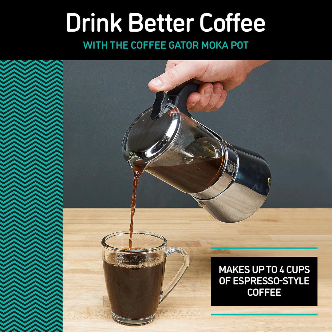 Coffee Gator Espressokocher Herdplatte 4 Tassen - 200 ML Edelstahl Moka-Kanne für Kräftigen Kaffee N