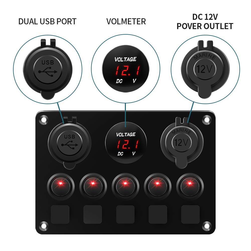 KAOLALI Schaltpanel 12V/24V Kippschalter 5 Gang IP65Wasserdicht + 4.2A Dual USB Ladegerät + Zigarett