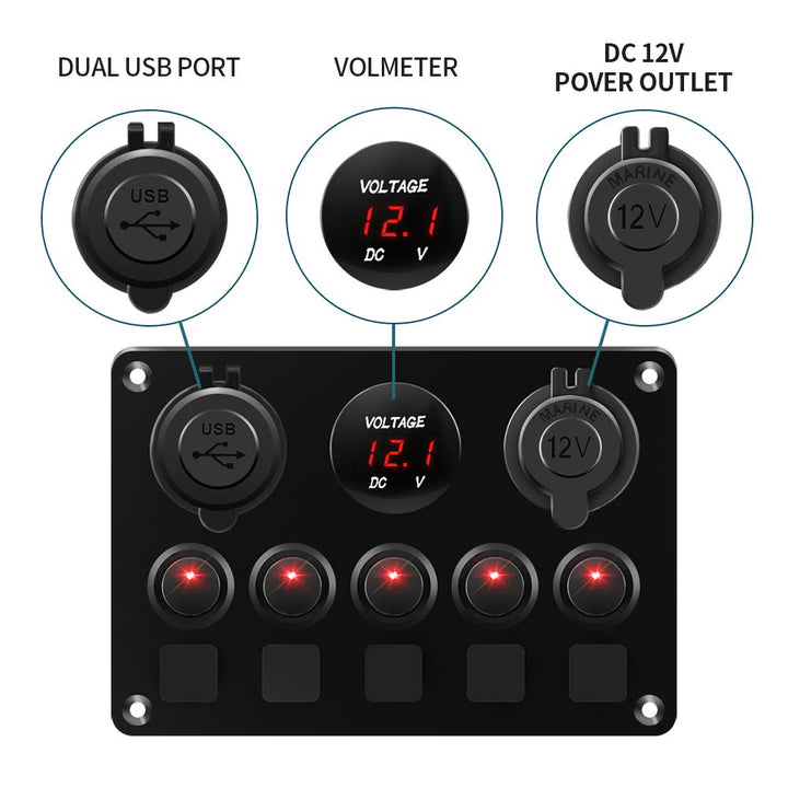 KAOLALI Schaltpanel 12V/24V Kippschalter 5 Gang IP65Wasserdicht + 4.2A Dual USB Ladegerät + Zigarett