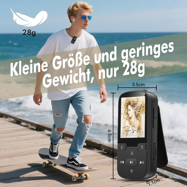 64 GB MP3 Player Bluetooth 5.3 mit Clip Kinder Tragbarer HiFi-Sport-Musikplayer (28g), FM-Radio, Sch