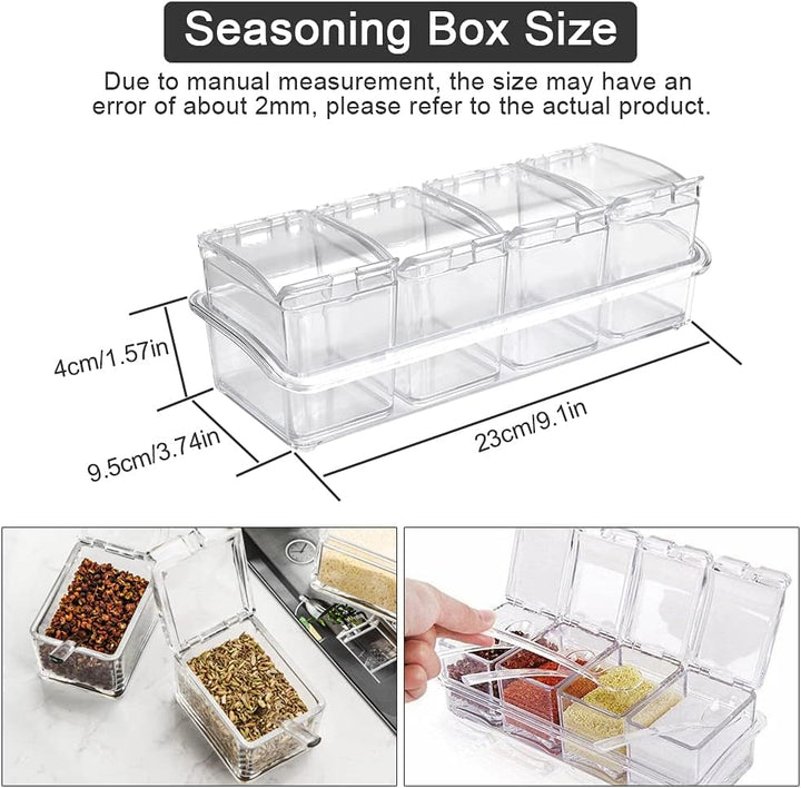 4 Stück Küche Gewürzbox Acryl Würze Box Transparent Gewürzbehälter Spice Dosen mit Löffeln und Abdec