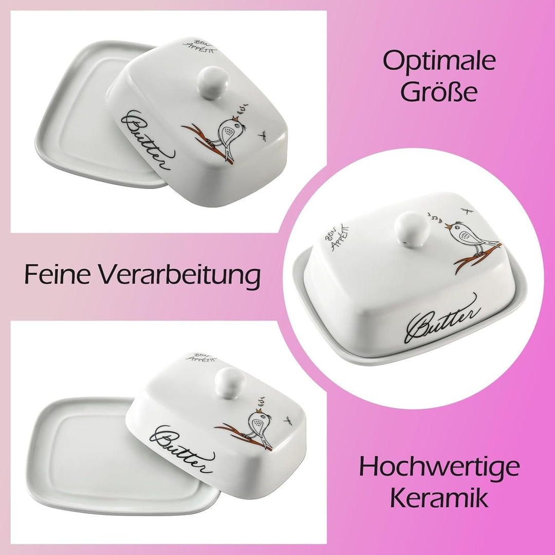 Butterdose mit Griff für 250g Butter, Hochwertige Keramik, Weiss mit Farbigem Vogelmuster, Porzellan