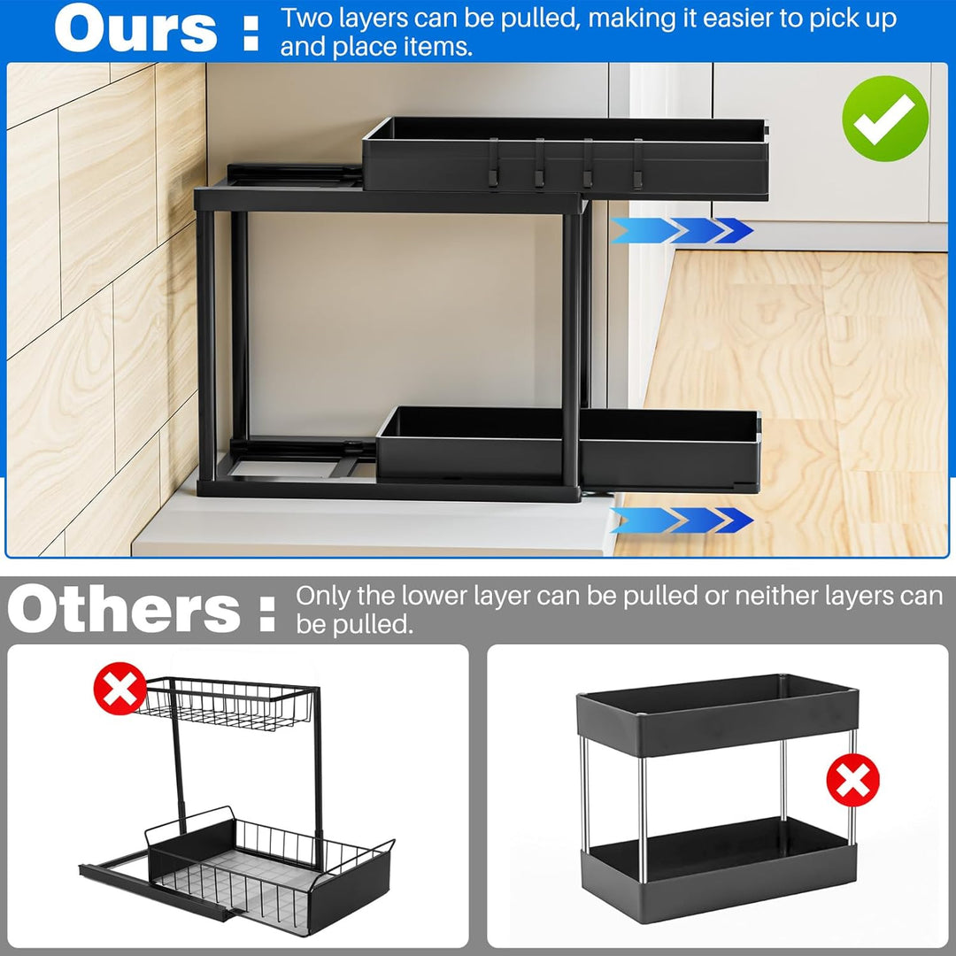ARSTPEOE Küchen Organizer - Unter Waschbecken Regal - 2 Etagen Schrank Organizer mit 8 Haken, Schubl