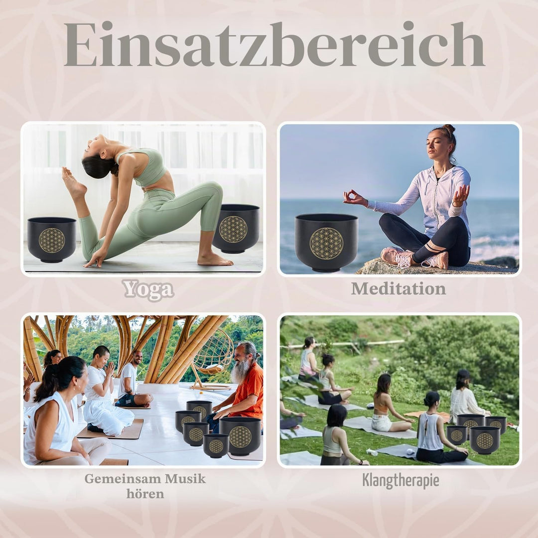 KVKA Kristall-Klangschalen Set, 6-12 inch 432Hz Schwarz Frosted Quarz Flower of Life Chakra Klangsch