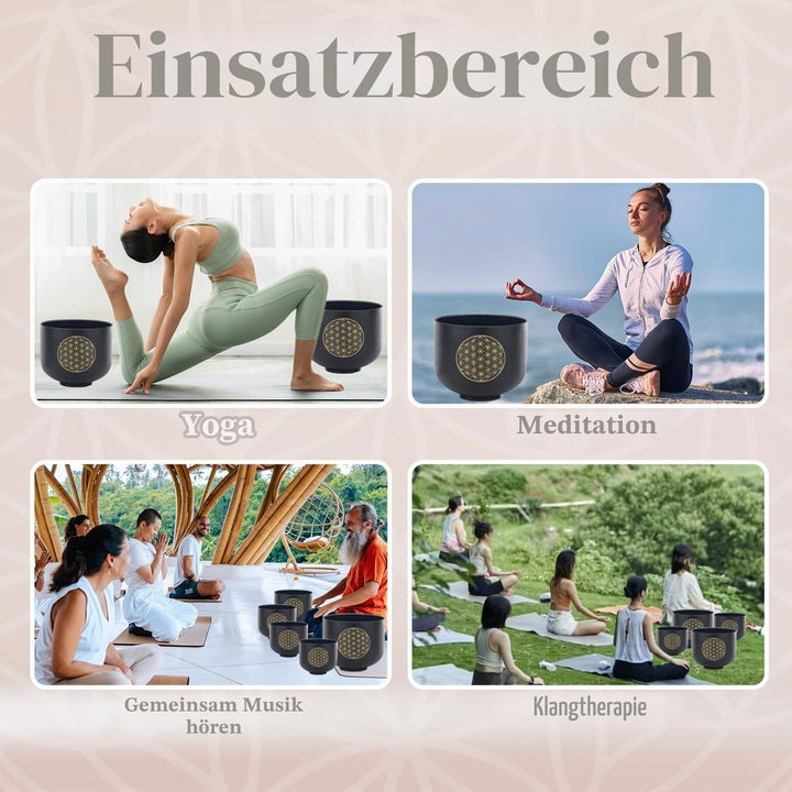 KVKA Kristall-Klangschalen Set, 6-12 inch 432Hz Schwarz Frosted Quarz Flower of Life Chakra Klangsch