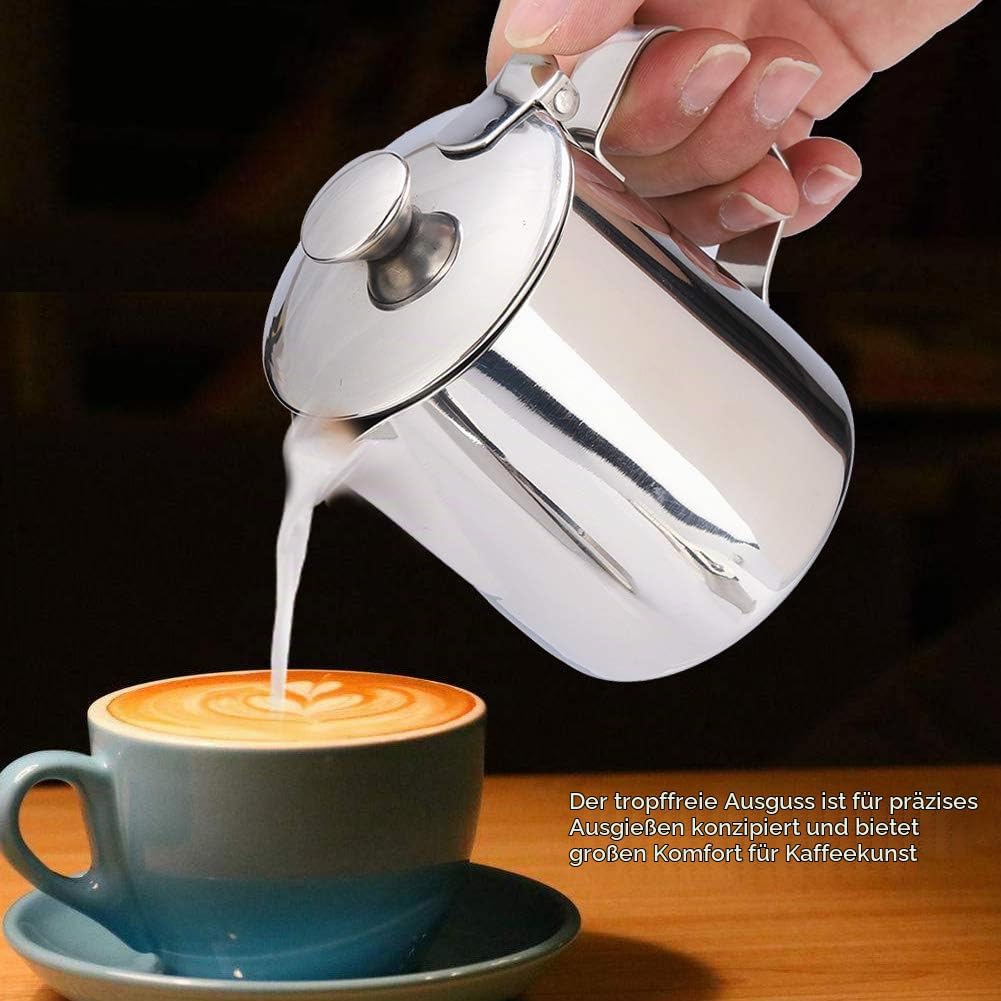 MAGT Milchkännchen mit Deckel, Edelstahl Milchkanne 350ml Kaffeekanne Edelstahl Milchschaumkännchen