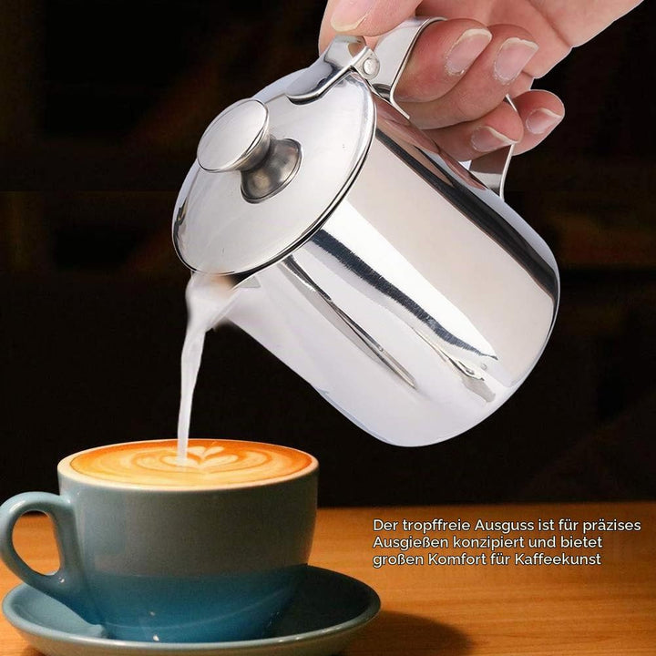 MAGT Milchkännchen mit Deckel, Edelstahl Milchkanne 350ml Kaffeekanne Edelstahl Milchschaumkännchen