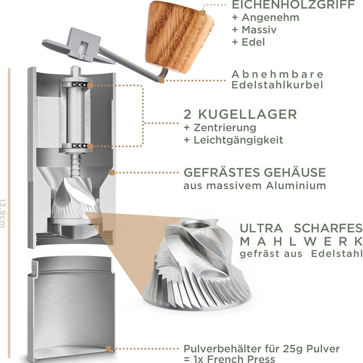 WALDWERK Kaffeemühle - Manuell Mit Präzisem Edelstahlmahlwerk - Kegelmahlwerk Mit Holzgriff - Plasti