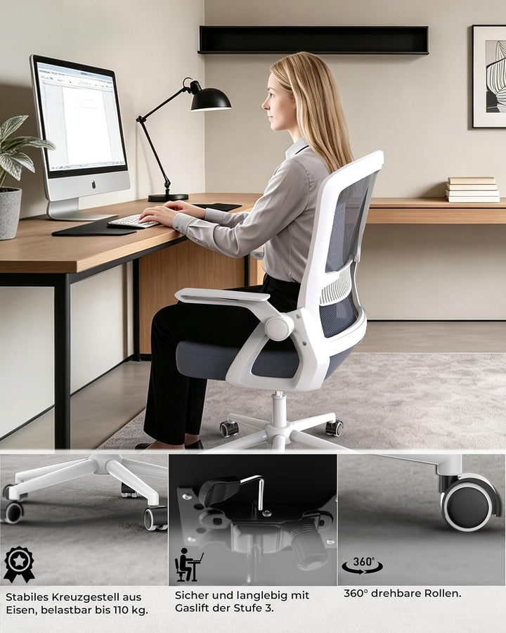 rattantree Schreibtischstuhl Ergonomischer Hellgrau für Zuhause Büro Hellgrau Ohne Kopfstütze, Hellg