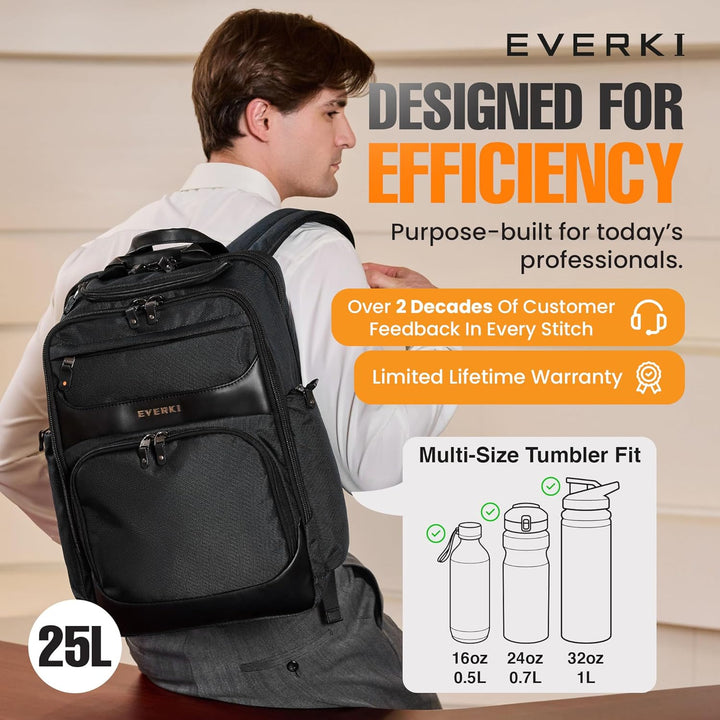 Everki Onyx Business Laptop‑Rucksack | 15,6″ Laptopfach, 25L, ideal für Arbeit & Reise – Schwarz 15.