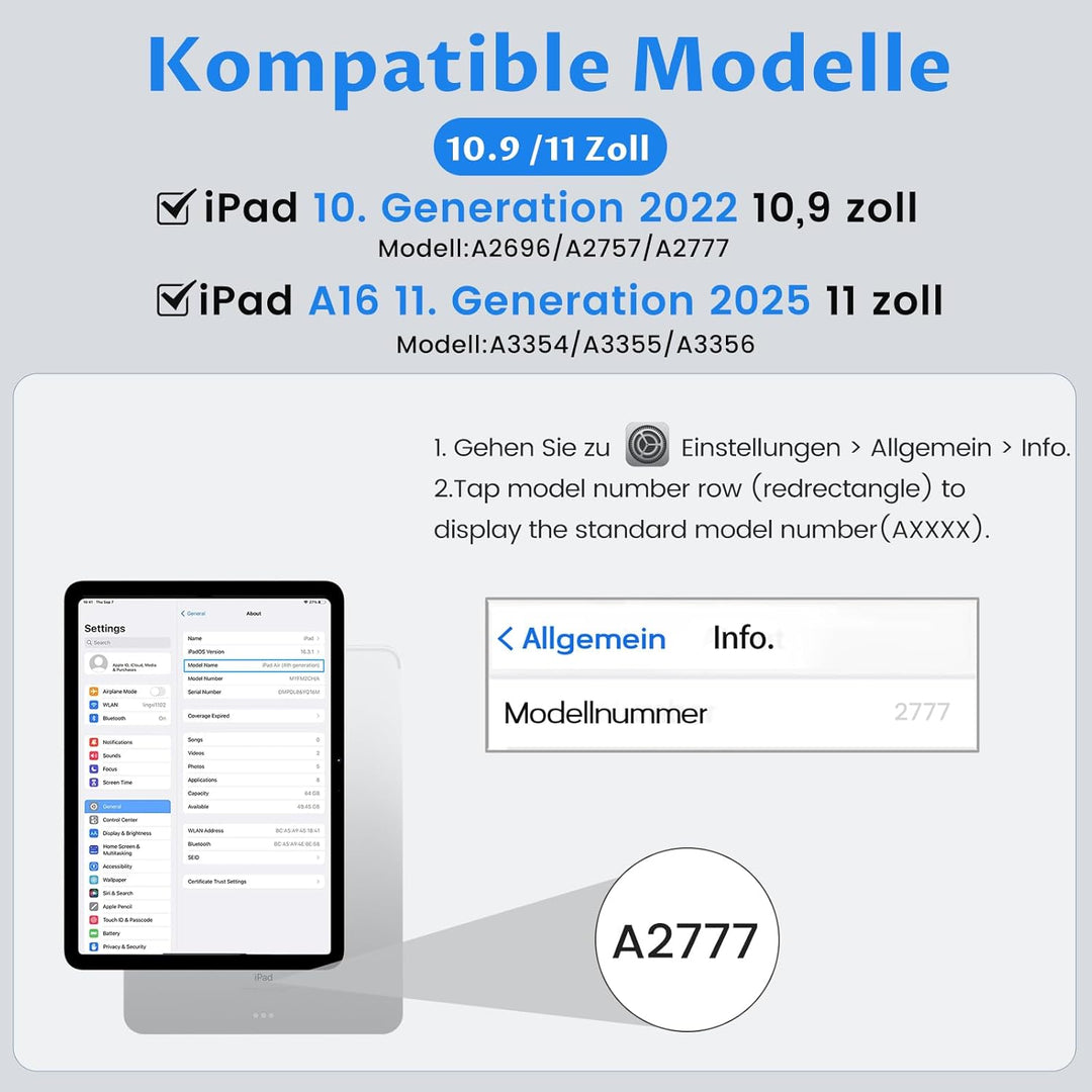 OYEEICE Hülle mit Tastatur für iPad A16 11 Generation 2025/10 Generation 2022 (11/10.9 Zoll), Vergrö
