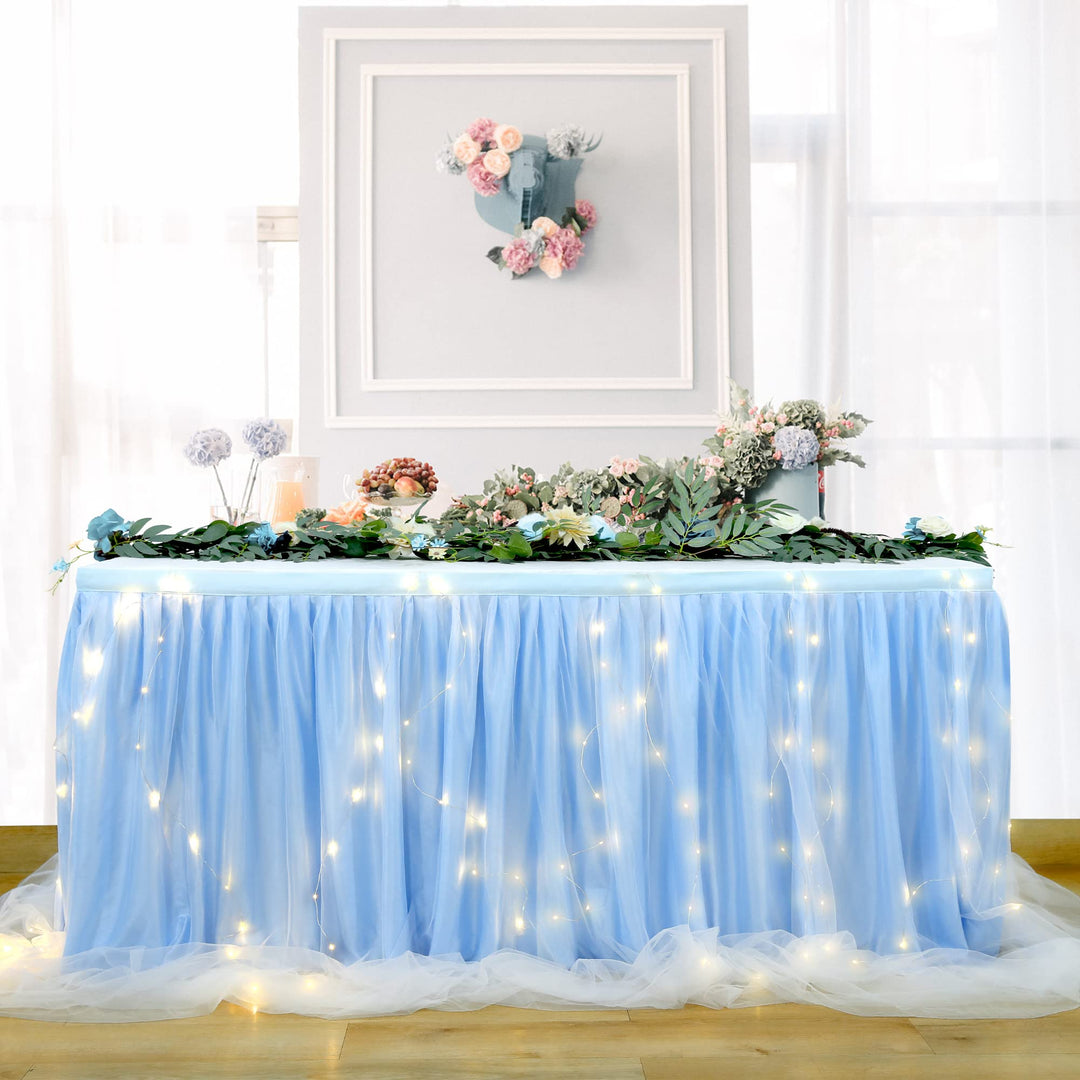 HBBMAGIC Baby Blau Tüll Tischrock Mit Licht, 2-Langer 275cm Lang Blau Rüschen Tulle Tischröcke, Wasc