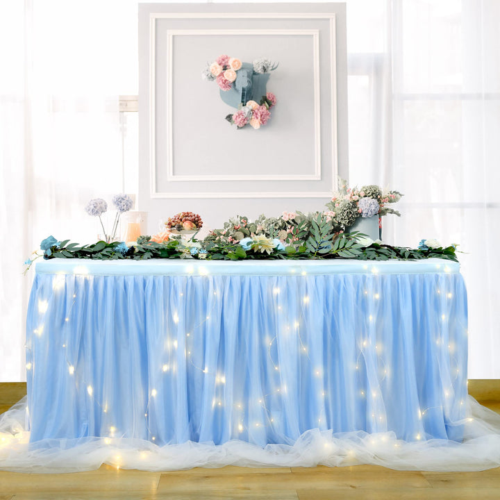 HBBMAGIC Baby Blau Tüll Tischrock Mit Licht, 2-Langer 275cm Lang Blau Rüschen Tulle Tischröcke, Wasc