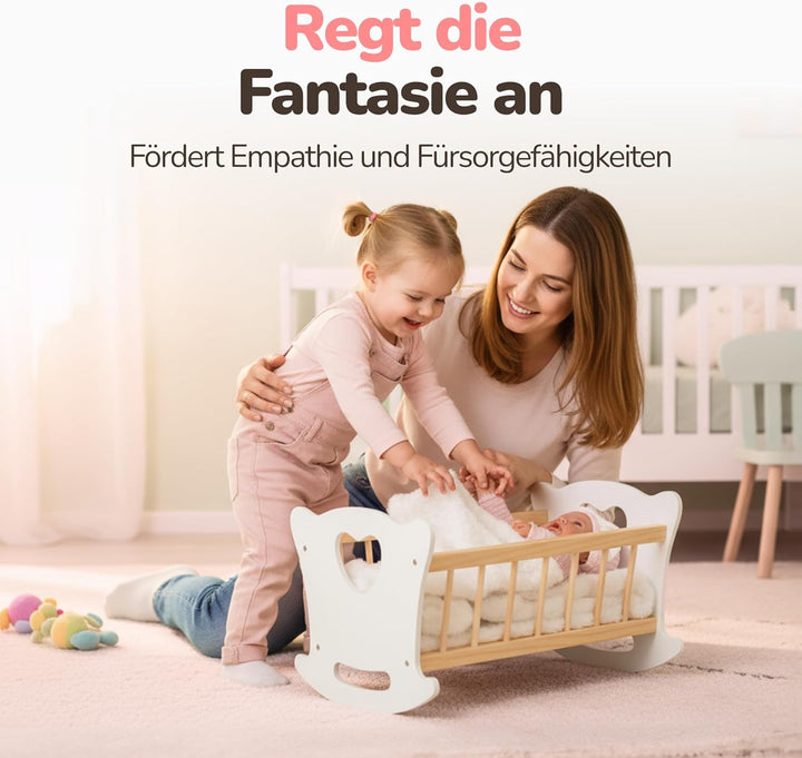 Kinderplay Puppenwiege Holz mit Bettwäsche – Puppenbett Schaukelbett für Puppen bis 49,5 cm – Holzsp