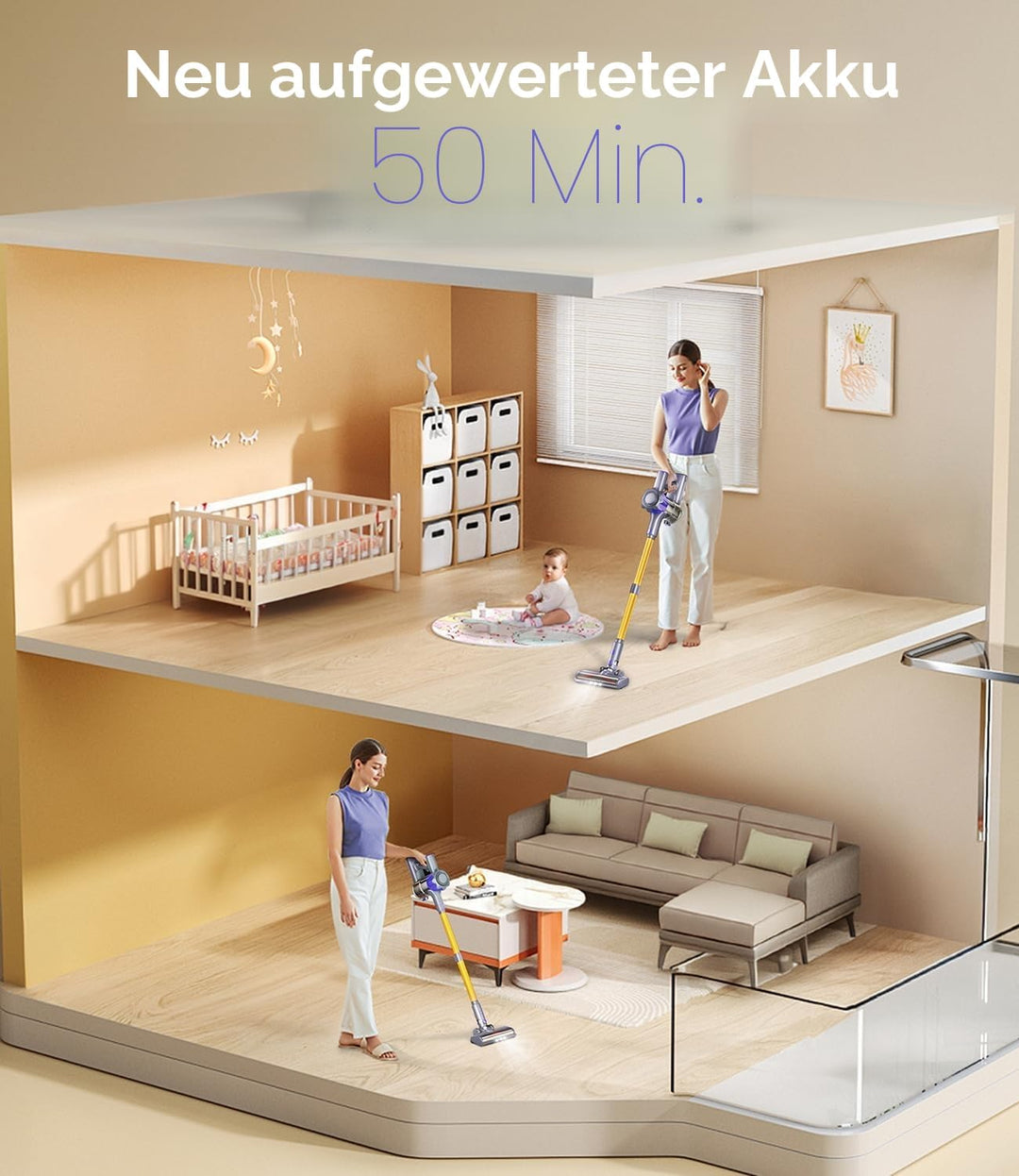 Akku Staubsauger, 40000Pa/450W Staubsauger Kabellos mit Smart Display Bis zu 50 Minuten Laufzeit Cor
