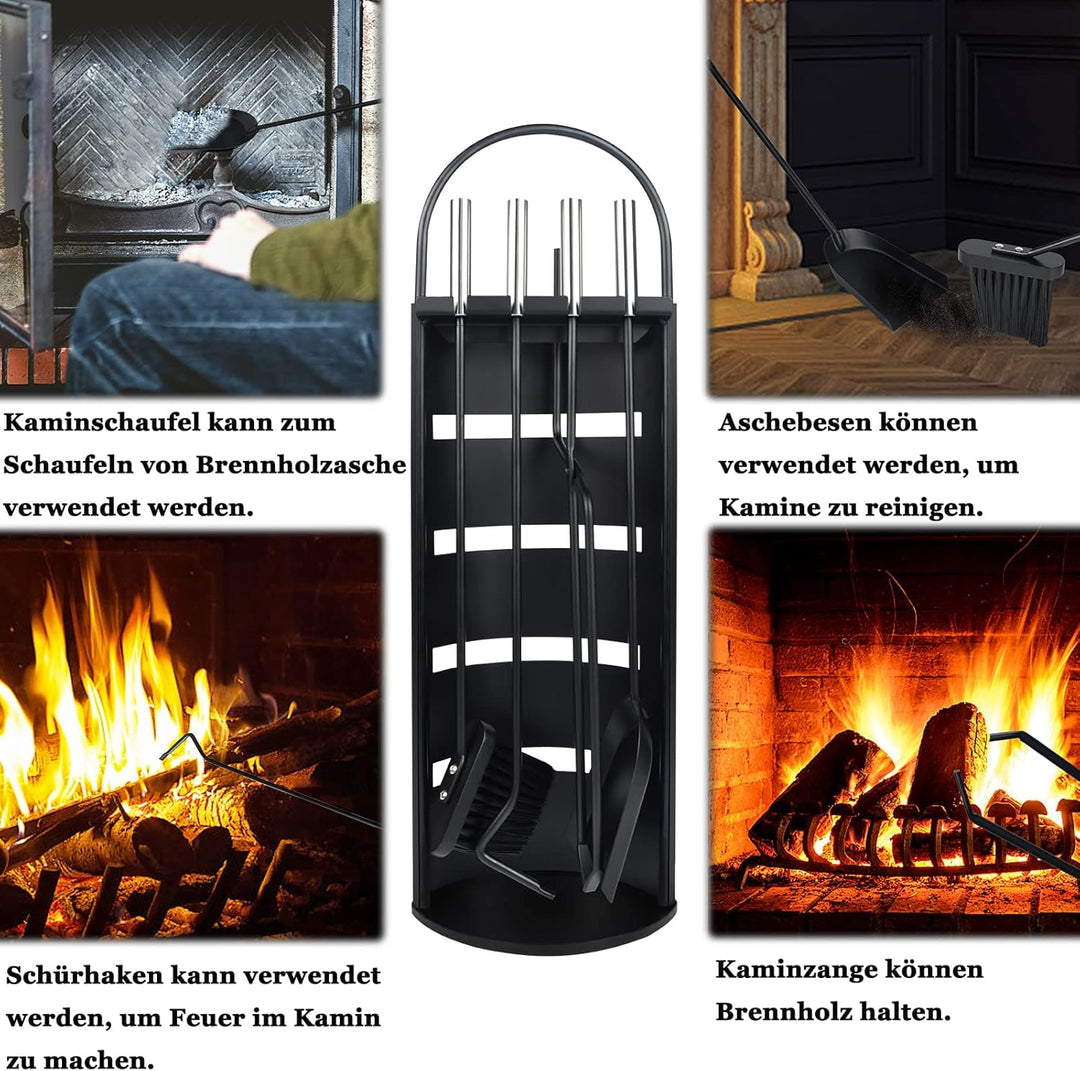 Yznahre Edelstahl Kaminbesteck Set 5 TLG, Modern Kamingarnitur Kaminwerkzeug mit Ständer, Besen, Zan