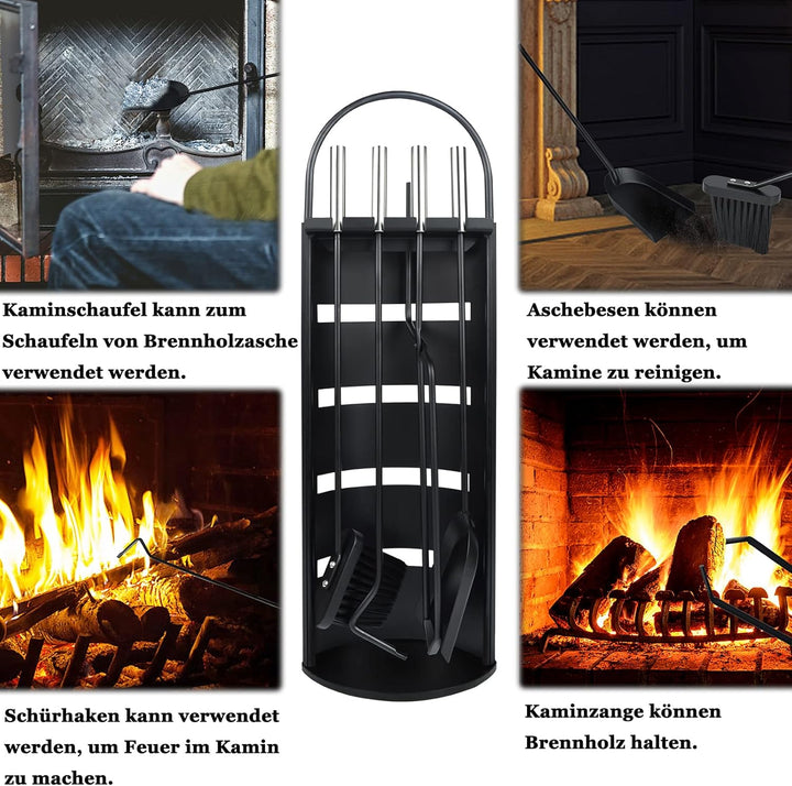 Yznahre Edelstahl Kaminbesteck Set 5 TLG, Modern Kamingarnitur Kaminwerkzeug mit Ständer, Besen, Zan