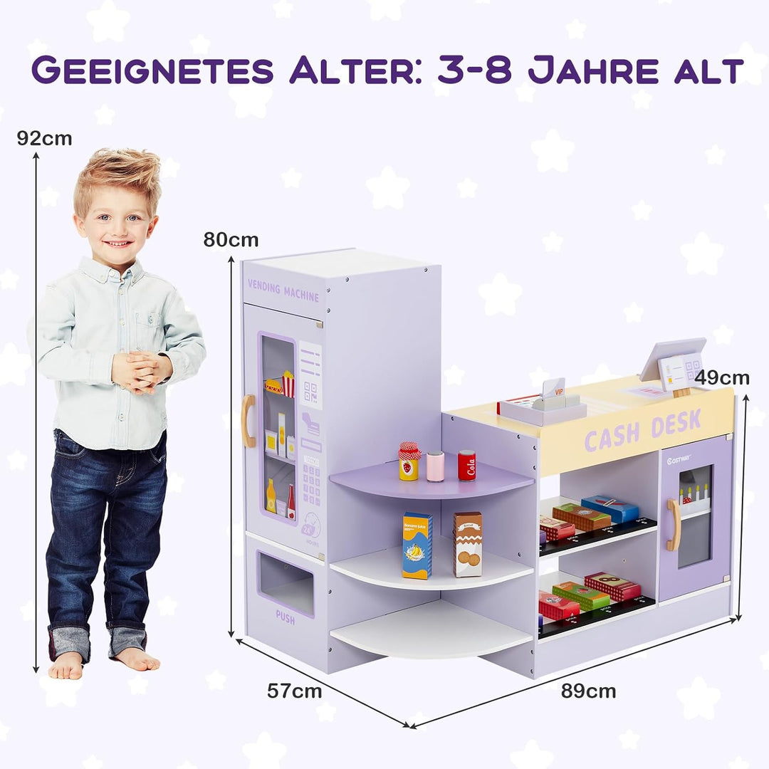 COSTWAY Kinder Kaufladen, Kaufmannsladen aus Holz mit Seitentheke, Supermarkt-Set mit Kasse, POS-Mas