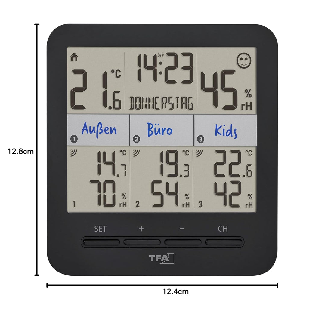 TFA Dostmann Thermo-Hygrometer mit 3 Sendern Klima@Home2, 30.3075.01, Temperatur/Luftfeuchtigkeit in