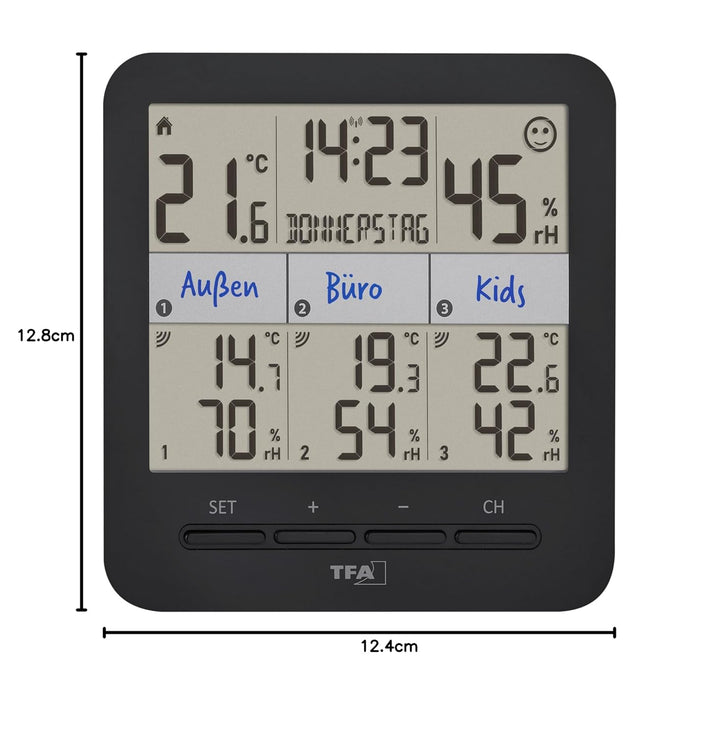 TFA Dostmann Thermo-Hygrometer mit 3 Sendern Klima@Home2, 30.3075.01, Temperatur/Luftfeuchtigkeit in