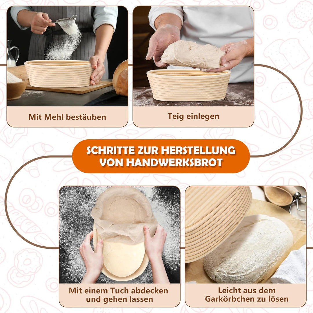 HaWare Gärkörbchen, Gärkorb Brot Set (25cm Oval & 23cm Rund) mit Futter, Bäckermesser, Dänischer Sch