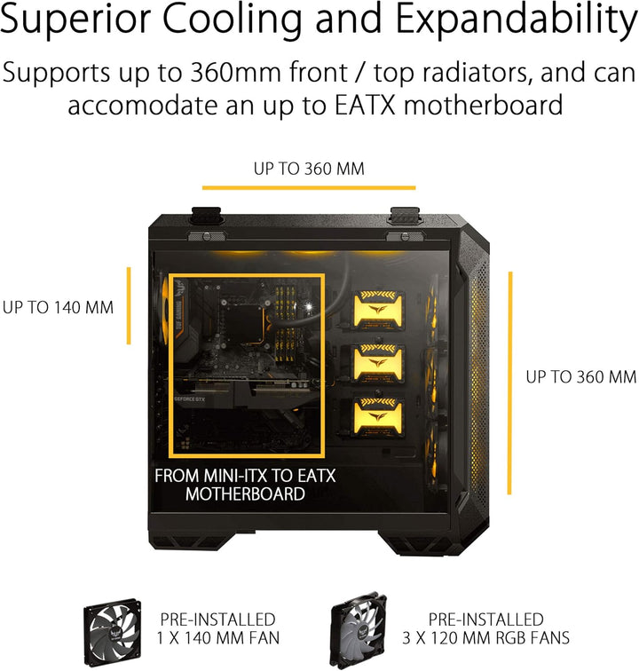 ASUS TUF GT501 Gaming Gehäuse (bis zu E-ATX, 120mm RGB-Lüfter, 140mm PWM-Lüfter, USB 3.1 Gen 1) schw