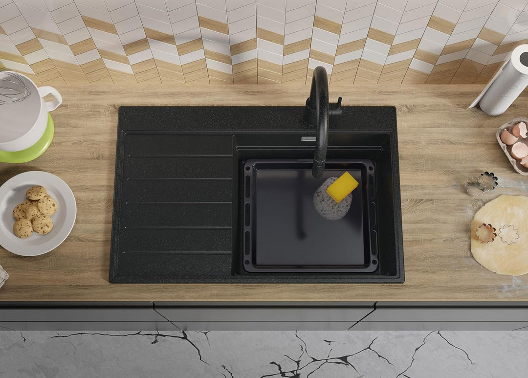 PRIMAGRAN Spülbecken Anthrazit 78x50cm, Granitspüle 1 Becken + Ablauf-Set, Küchenspüle ab 60er Unter