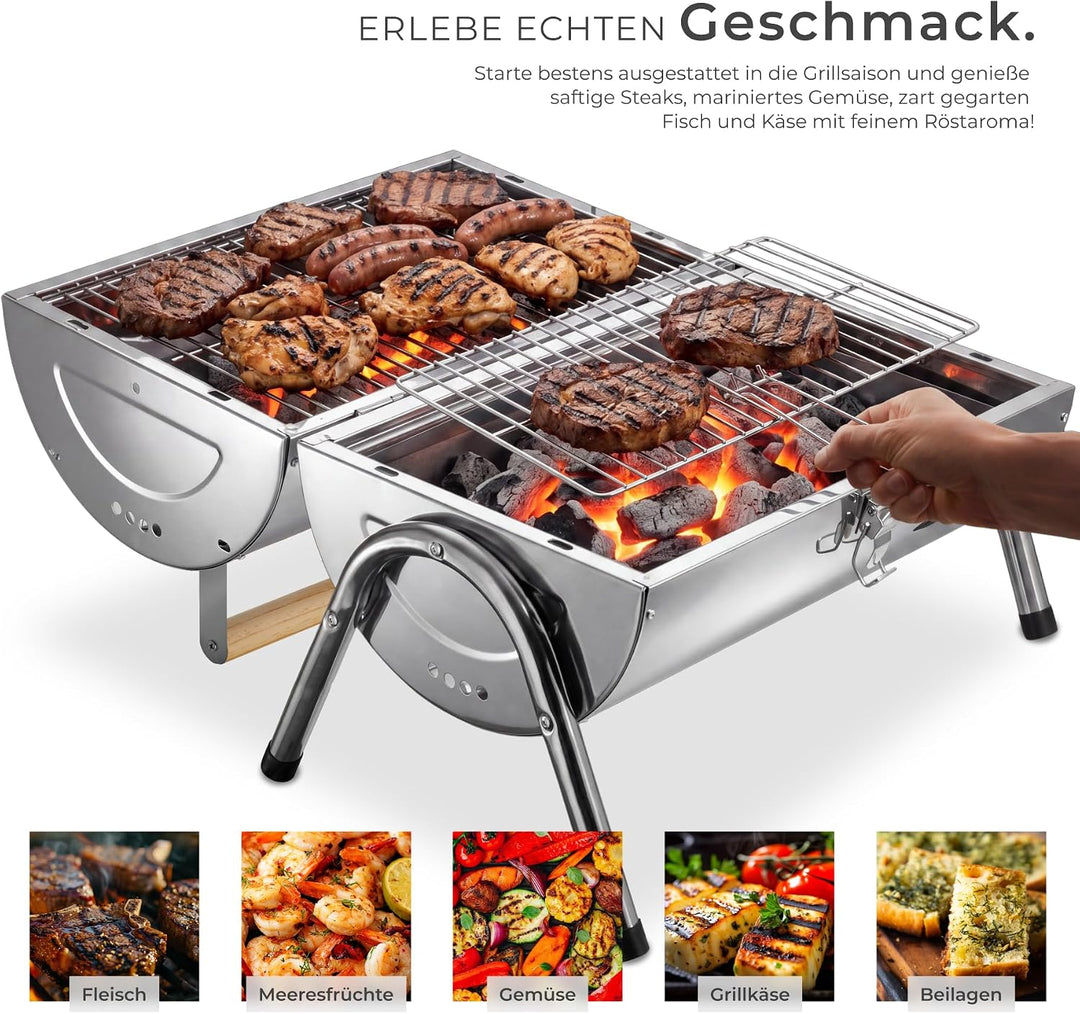 tectake® Edelstahlgrill, wetterfest, Doppel-Grillfläche 34 x 45 cm