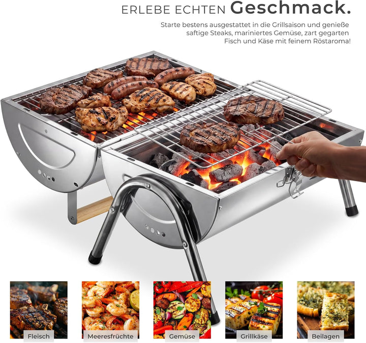 tectake® Edelstahlgrill, wetterfest, Doppel-Grillfläche 34 x 45 cm