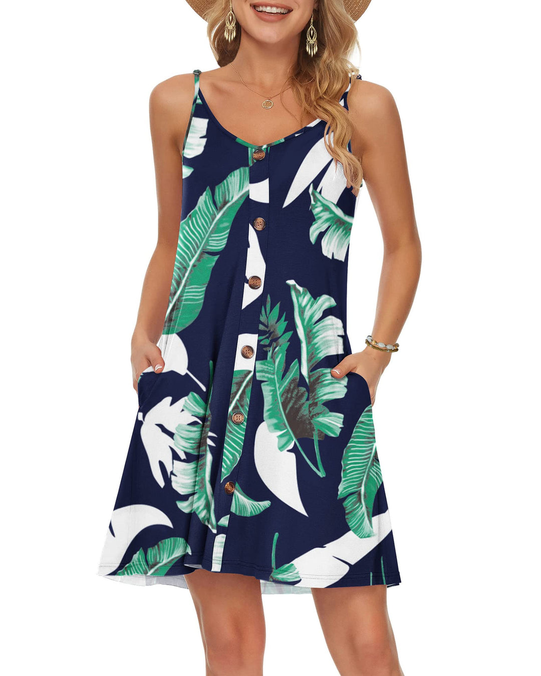 WNEEDU Damen Kleid Sommer Spaghettiträger Sommerkleid Kurze Strandkleider V Ausschnitt Leichte Freiz