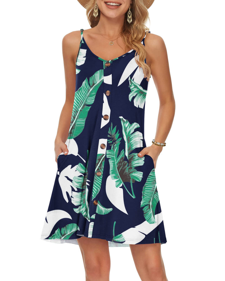 WNEEDU Damen Kleid Sommer Spaghettiträger Sommerkleid Kurze Strandkleider V Ausschnitt Leichte Freiz
