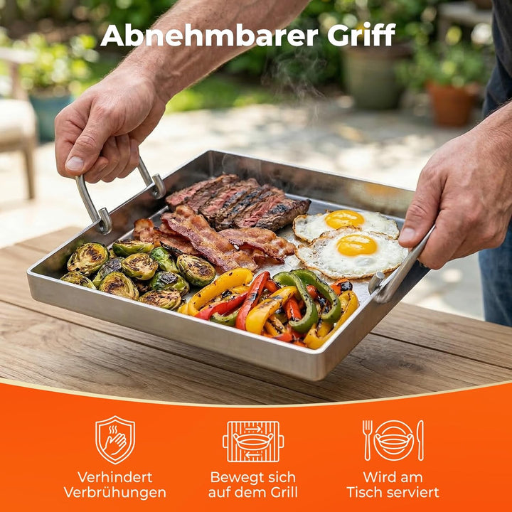 Plancha Grillplatte 40 x 30 cm mit Perforation, 4 mm Edelstahlplatte, hitzebeständig & verformungsfr