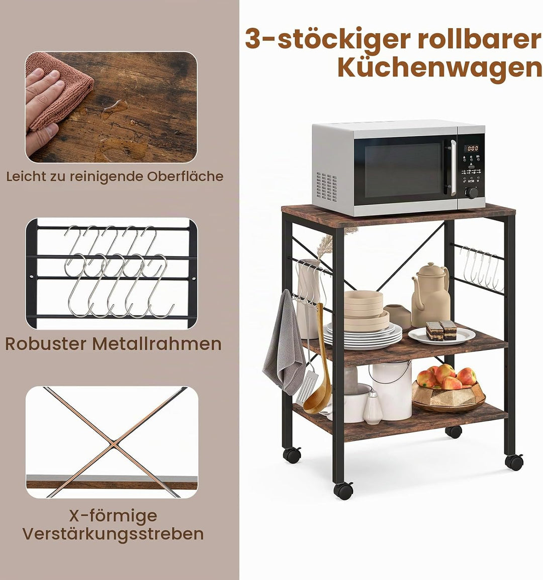KOMFOTTEU Küchenwagen Küchenregal auf Rollen, 3 Ebenen Rollwagen Mikrowellenregal mit höheverstellba
