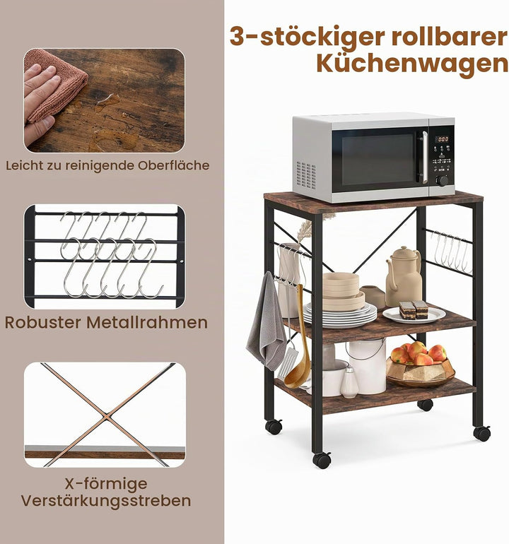 KOMFOTTEU Küchenwagen Küchenregal auf Rollen, 3 Ebenen Rollwagen Mikrowellenregal mit höheverstellba
