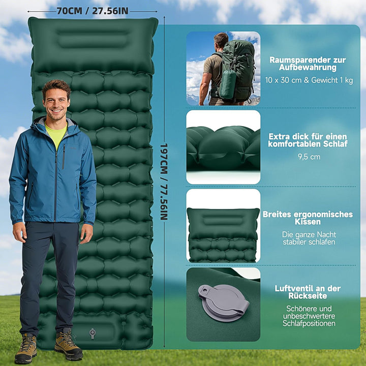 Isomatte Camping Luftmatratze 9,5cm verdickt, 200x69 cm Ultraleicht | Luftzellenmatte Aufblasbare Ma
