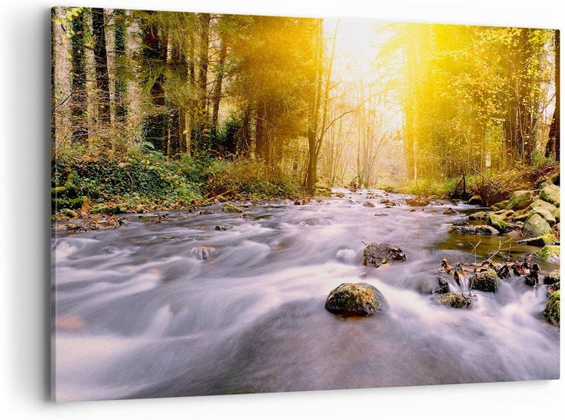 ARTTOR Bilder auf Leinwand 100x70cm Leinwandbild Herbst Wald Berg Fluss Gross Wanddeko Bild Schlafzi