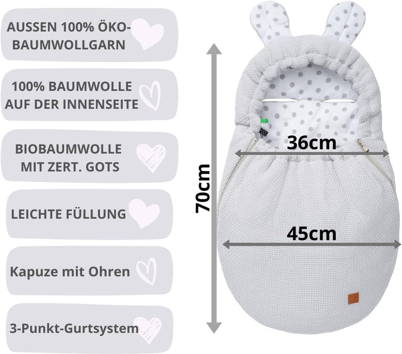 Mikos Einschlagdecke Babyschale Herbst Winter, Baby Fusssack mit Zip 100% Baumwolle GOTS Zert. Stric