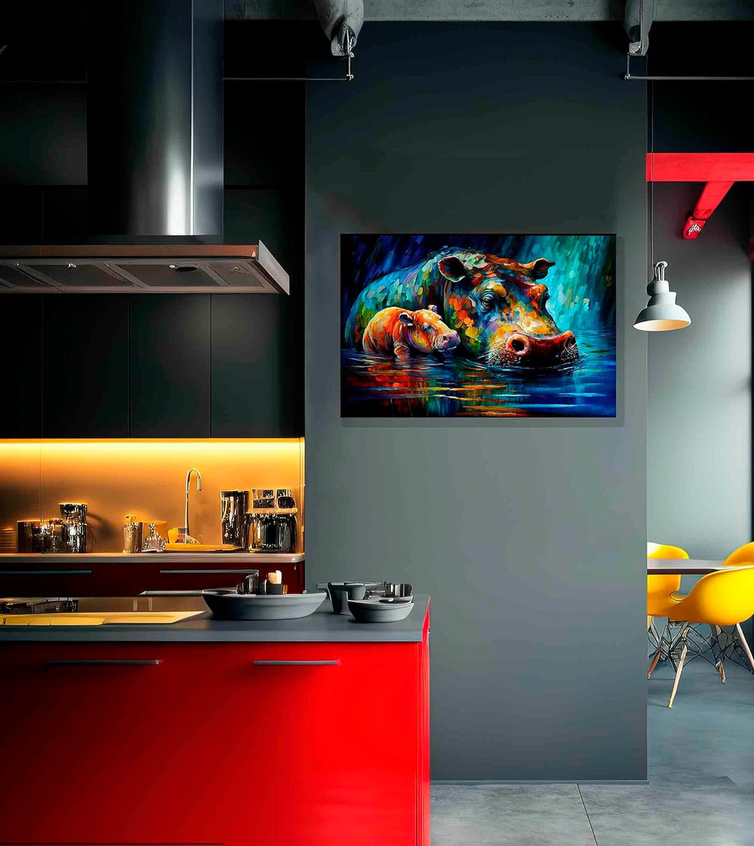 Artley Prints - Nilpferd im Teich mit Kleinkind Abstrakt Leinwandbilder für Wohnzimmer, Schlafzimmer