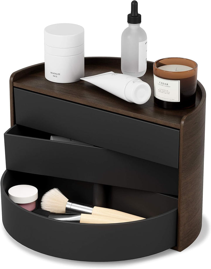 UMBRA Moona Schmuckaufbewahrung, Makeup Accessoire Organizer mit drehbaren Schubfächern, Schwarz/Wal
