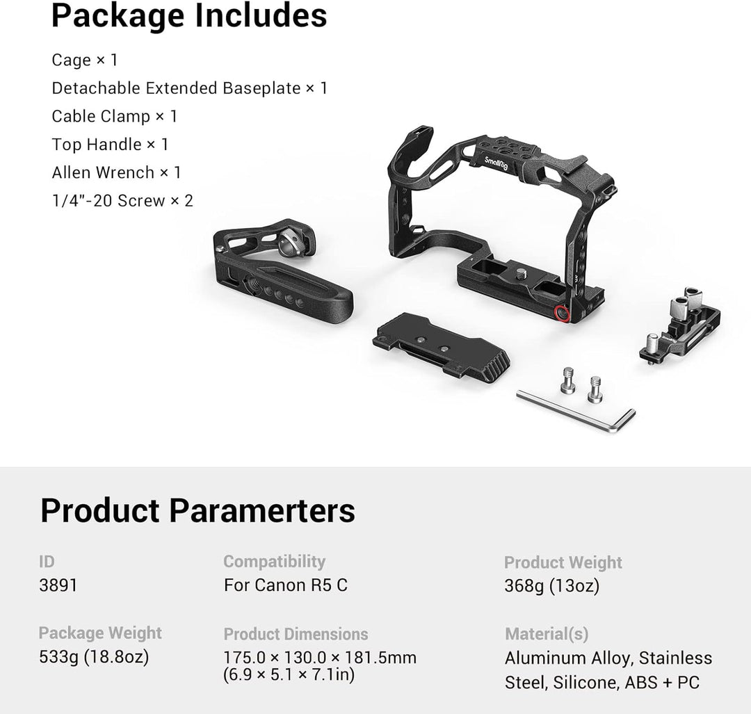 SMALLRIG R5 C Camera Cage Handheld Kit für Canon R5 C mit Oberem Griff, Full Cage, HDMI & USB-C Kabe